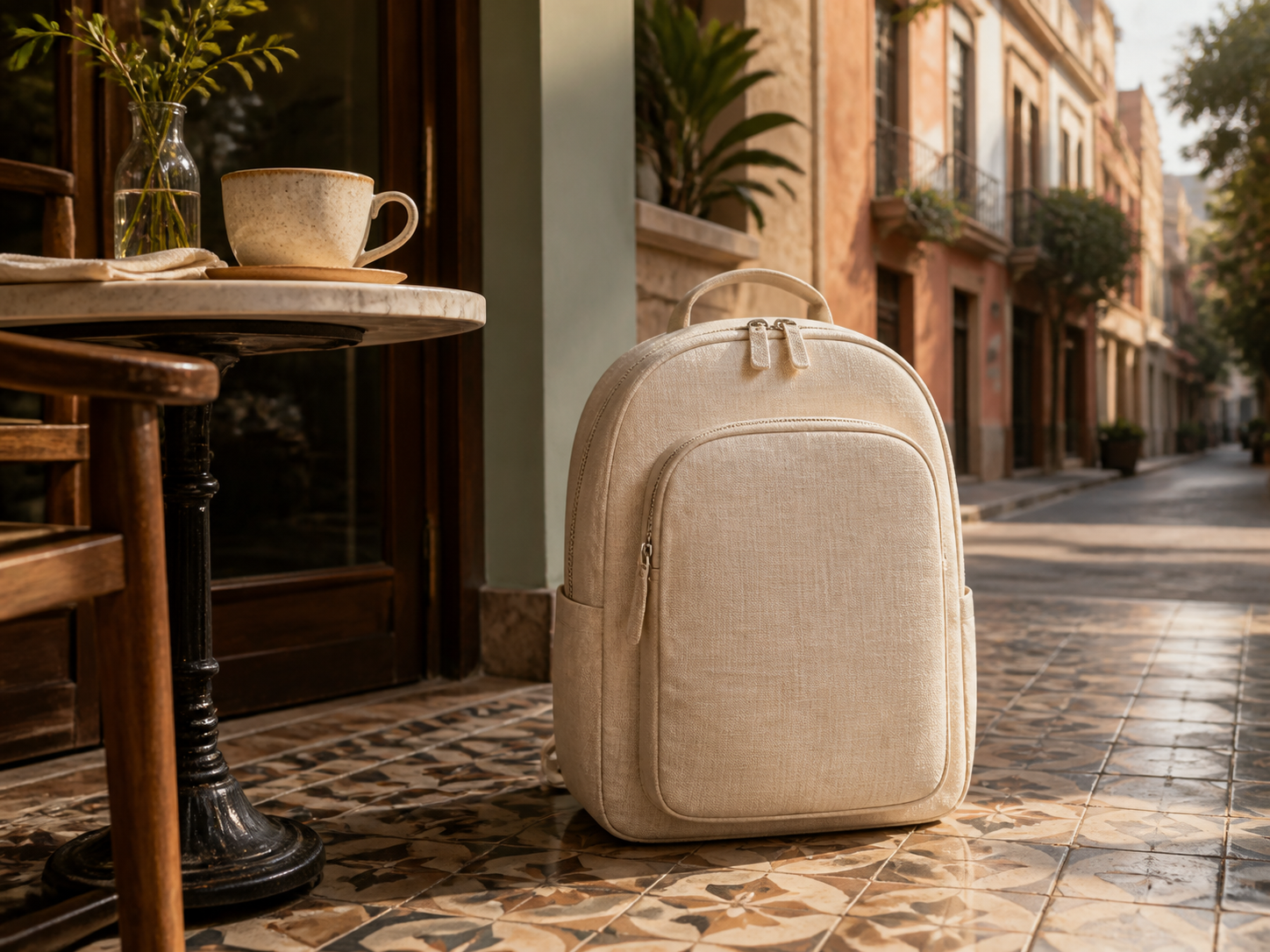 Mochila neutra en cafe